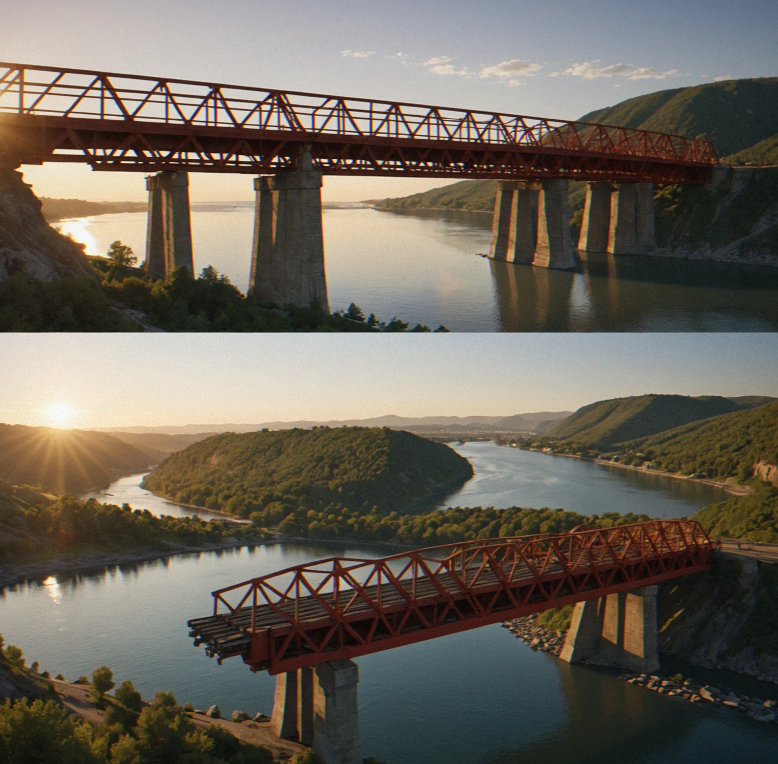 Four-frame animation of a cantilever bridge: intact, showing red stress zones, initial failure at the support, and full collapse with the deck dropping.