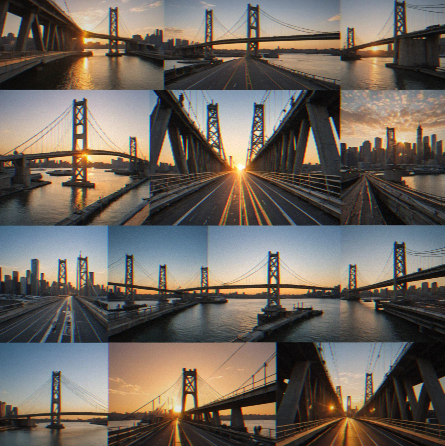 Grid of six puzzle thumbnails arranged by complexity: simple span on left, progressing to complex multi-span cable-stayed bridge on right.