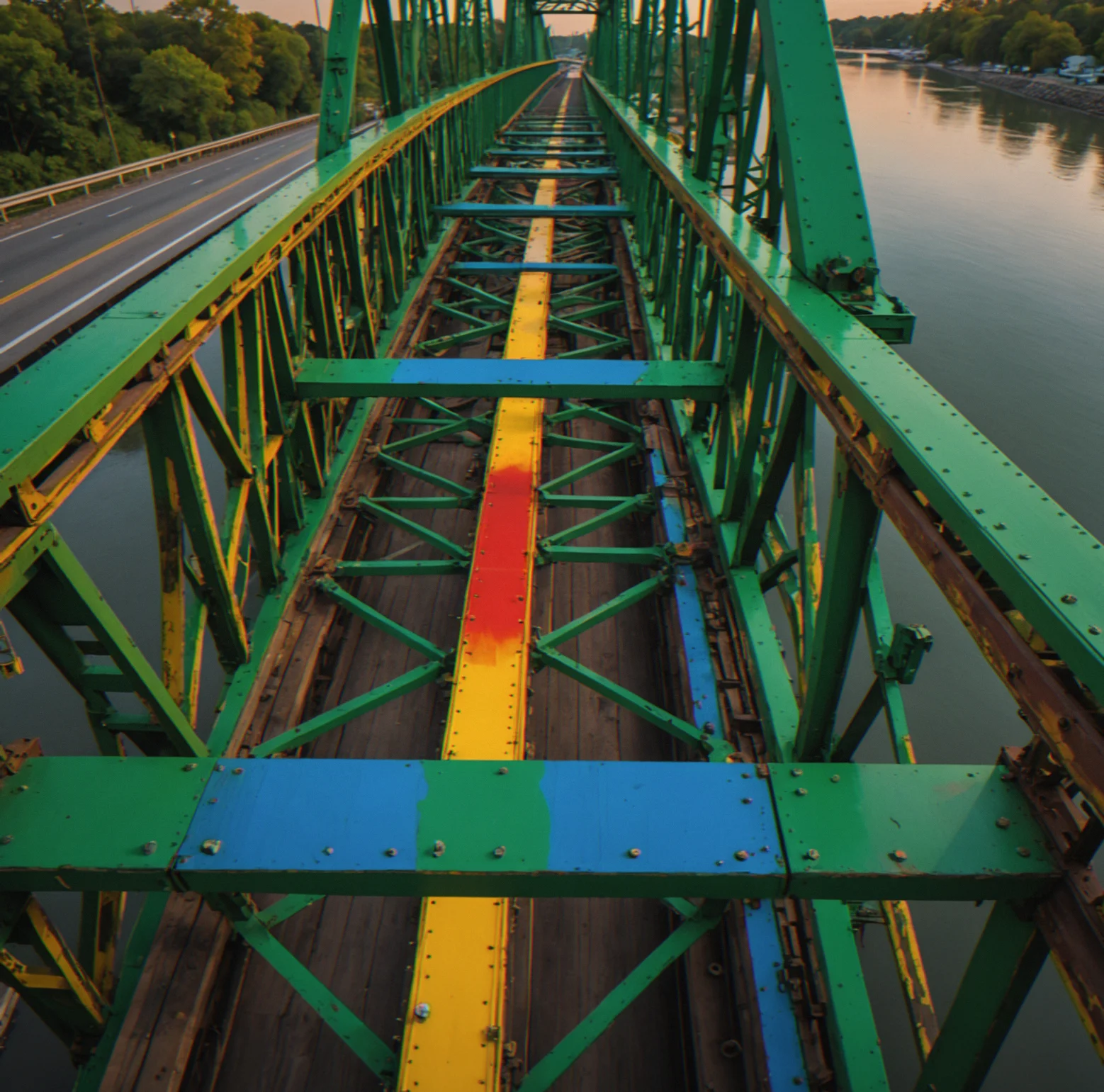 Heat-map overlay on a truss bridge showing blue zones transitioning through green and yellow to critical red concentrations at corner joints.