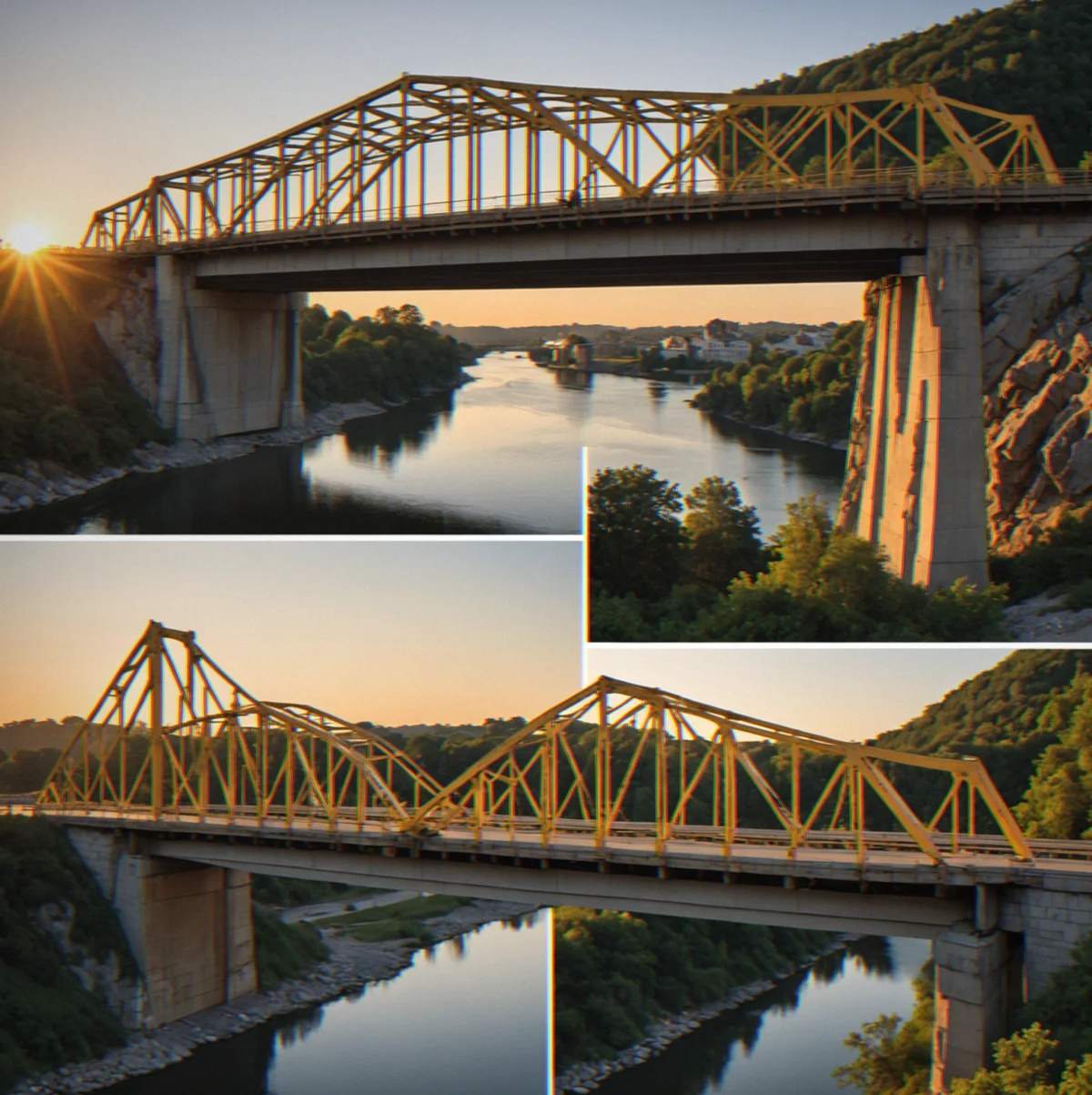 Four-frame sequence of a bridge progressively deforming: stress zones turning red, then initial joint failure, then cascading collapse with force vectors visible.