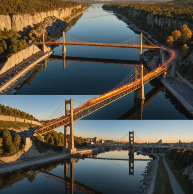 Split-screen showing intact bridge on left with stress heat-map, and right side showing the same bridge mid-collapse with fracture lines radiating from critical joint.