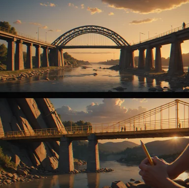 Timeline showing four stages: user places beam (pencil icon), presses play (play button), structure deforms under load (animation frame), and restart option appears instantly.