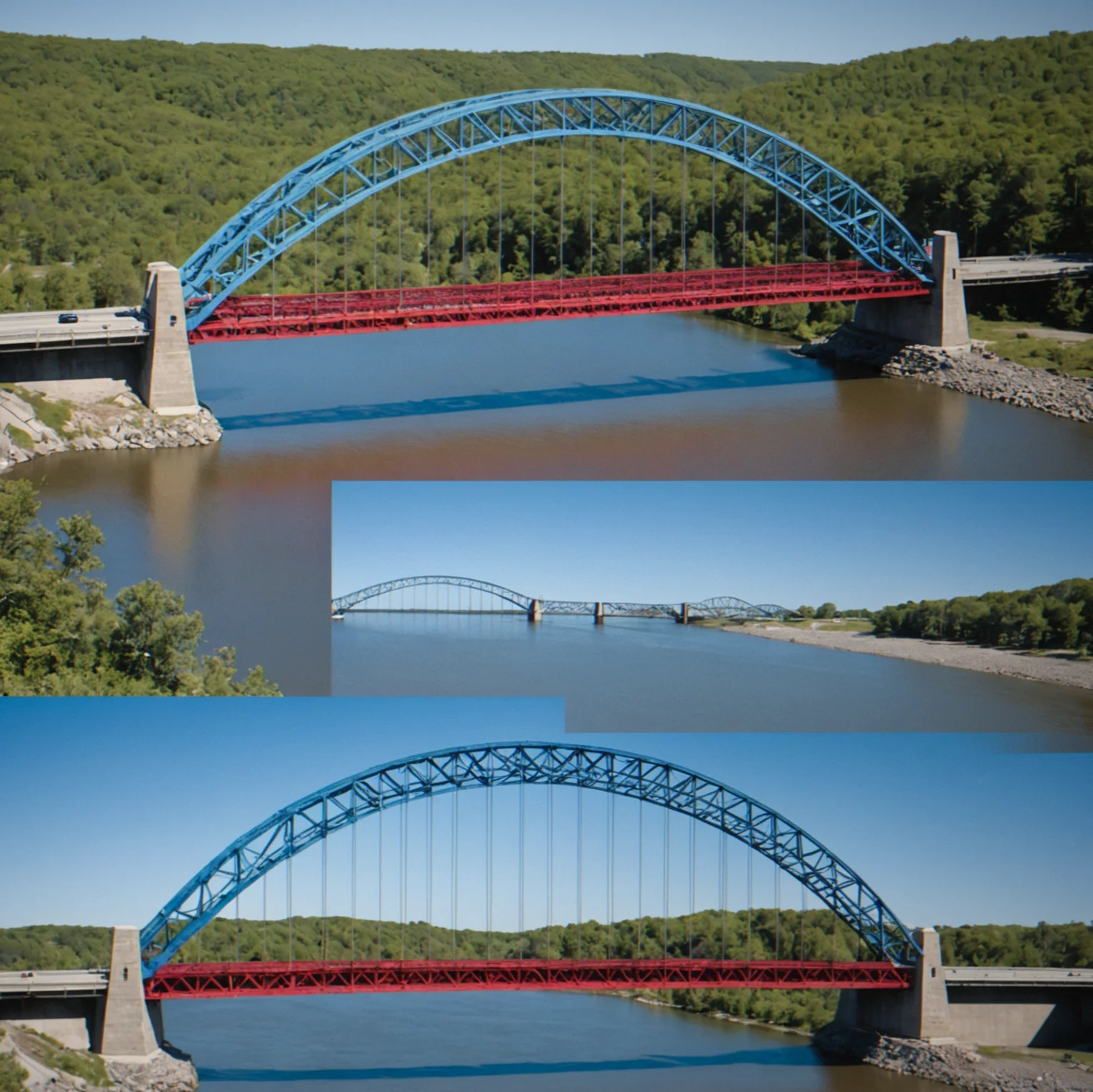 Side-by-side comparison: left shows an intact truss bridge with blue stress zones, right shows the same bridge mid-collapse with red stress concentrations and fracture lines radiating from critical joints.